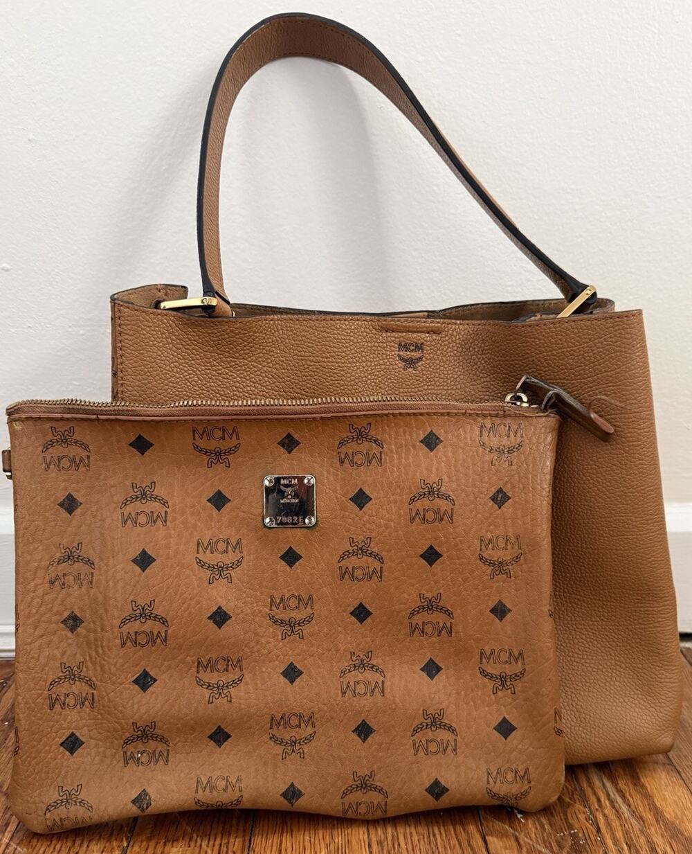 MCM Cognac Pebbled Leather Shoulder Tote + Visetos Zip Pouch Brown Bag Set